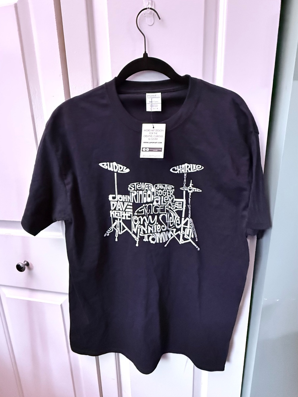 Port and Company Black Short-Sleeve Tee with White Drumset Graphic